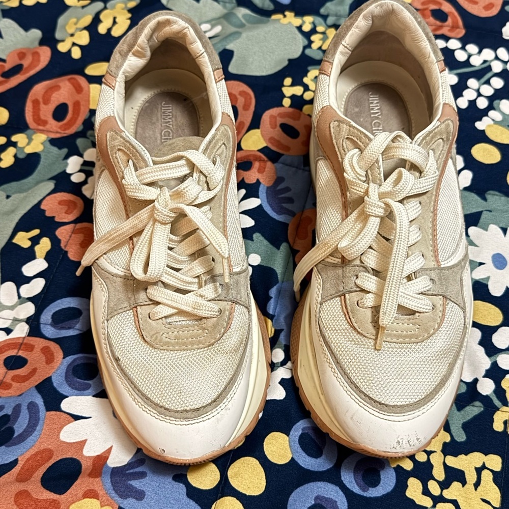 Jimmy Choo Cream and Tan Sneakers with Suede and Leather Panels